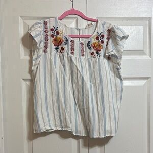 Blu Pepper Floral Embroidered Striped Blouse